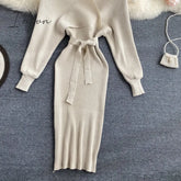 Ingvn - Women Shiny Knitted Dress Sexy V Neck Puff Sleeve Elastic Sheath Knitting Autumn Solid Bow