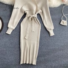 Ingvn - Women Shiny Knitted Dress Sexy V Neck Puff Sleeve Elastic Sheath Knitting Autumn Solid Bow