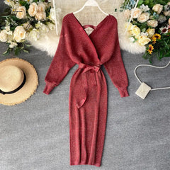 Ingvn - Women Shiny Knitted Dress Sexy V Neck Puff Sleeve Elastic Sheath Knitting Autumn Solid Bow