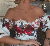 Ingvn - Women Short Sleeve Floral Print Lace Trim Midi Dress Bodycon Sexy Party