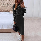 Ingvn - Women Skirts 2 Piece Set Autumn Winter Elegant Stars Print Turtleneck Sweatshirts And Slim
