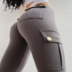 Ingvn - Women Slim Leggings High Waist Elastic Push Up Four Pockets Legging Female Workout Fitness