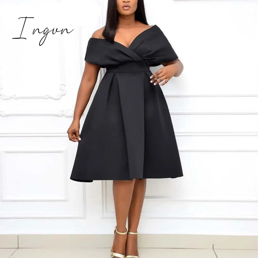 Ingvn - Women Solid Elegant Evening Party Dress Formal Classy Gowns Black / S