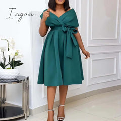 Ingvn - Women Solid Elegant Evening Party Dress Formal Classy Gowns Green / S