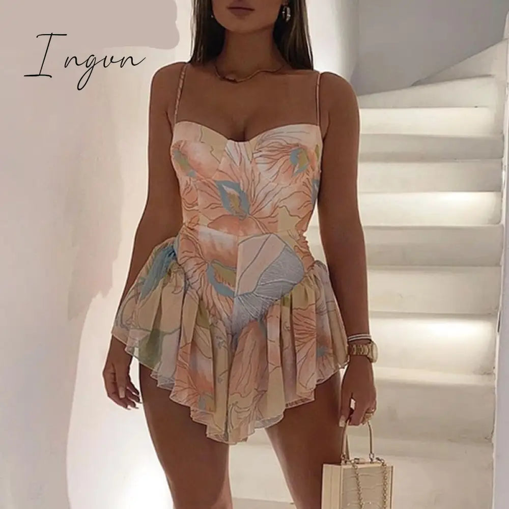Ingvn - Women Spaghetti Strap Blooming Floral Print Ruffles Irregular Dress Mini Elegant Fashion