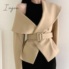 Ingvn - Women Spring Autumn Short Blazer Coat With Belt Big Lapel Collar Female Full Sleeve