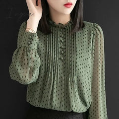 Ingvn - Women Spring Autumn Style Chiffon Blouses Shirts Lady Casual Long Sleeve O - Neck Polka Dot