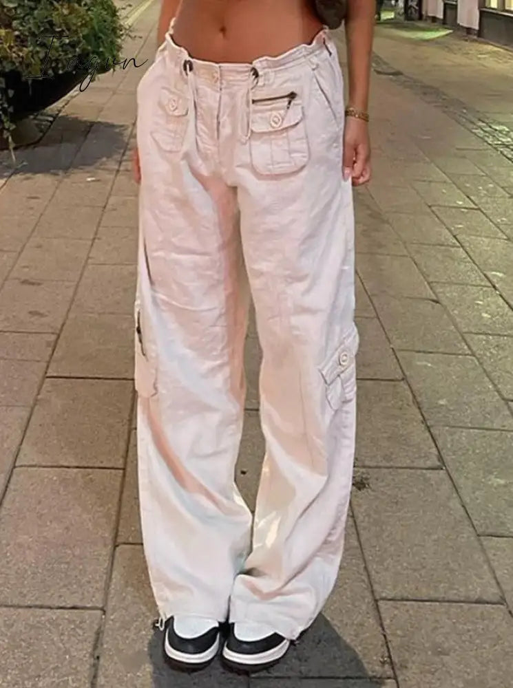 Ingvn - Women Spring Fashion Multi Pockets White Cargo Pants Adjustable Low Waist Baggy Wide Leg