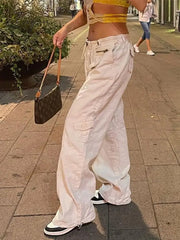Ingvn - Women Spring Fashion Multi Pockets White Cargo Pants Adjustable Low Waist Baggy Wide Leg