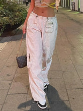 Ingvn - Women Spring Fashion Multi Pockets White Cargo Pants Adjustable Low Waist Baggy Wide Leg