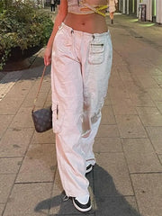 Ingvn - Women Spring Fashion Multi Pockets White Cargo Pants Adjustable Low Waist Baggy Wide Leg