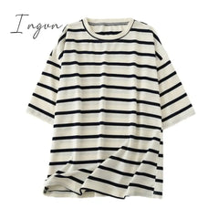Ingvn - Women Striped Cotton T Shirt Short Sleeve O Neck Tees Ladies Casual Tee Street Wear Top