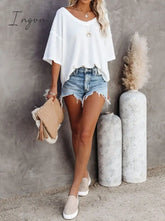 Ingvn - Women Summer Casual Solid Short Sleeve T-Shirt Basic V-Neck Batwing Tops Fashion Loose