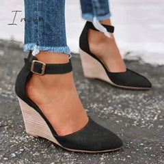 Ingvn - Women Summer Classic Wedge Pumps Ankle Strap Heels Sandals Black / 5