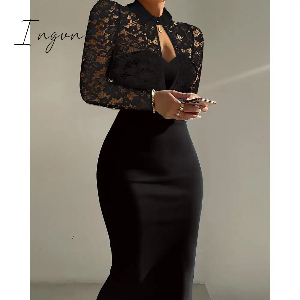 Ingvn - Women Summer Contrast Lace Long Sleeve Cutout Bodycon Dress Autumn Solid Black Sexy Party