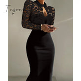 Ingvn - Women Summer Contrast Lace Long Sleeve Cutout Bodycon Dress Autumn Solid Black Sexy Party