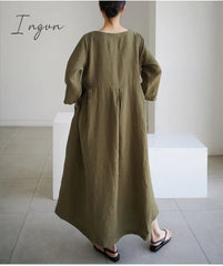 Ingvn - Women Summer Cotton Dresses Nine-Point Sleeves Dress Long Maxi Loose Robes Casual Dress