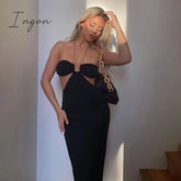 Ingvn - Women Summer Dress Wrap Hollow Out Backless Halter Beach Dresses Maxi Long Vestidos Black /