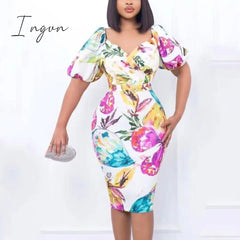 Ingvn - Women Summer Printed Bodycon Dresses Puff Short Sleeve Wrapped High Waist Fitted Midi Dress