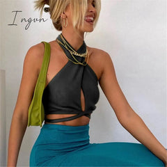 Ingvn - Women Summer Tank Tops Sexy Solid Color Cross Halter Neck Hollow Out Camisole Tie Backless
