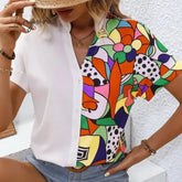 Ingvn - Women Tops Fashion Patchwork Color Shirt 2023 New Summer Short Sleeve Blouse V-Neck Casual