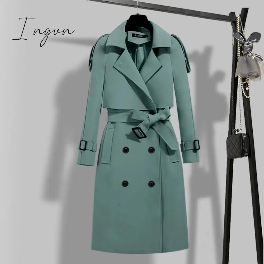 Ingvn - Women Trench Coat Solid Double Breasted Autumn Winter Elegant Vintage Turn - Down Collar
