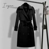 Ingvn - Women Trench Coat Solid Double Breasted Autumn Winter Elegant Vintage Turn - Down Collar