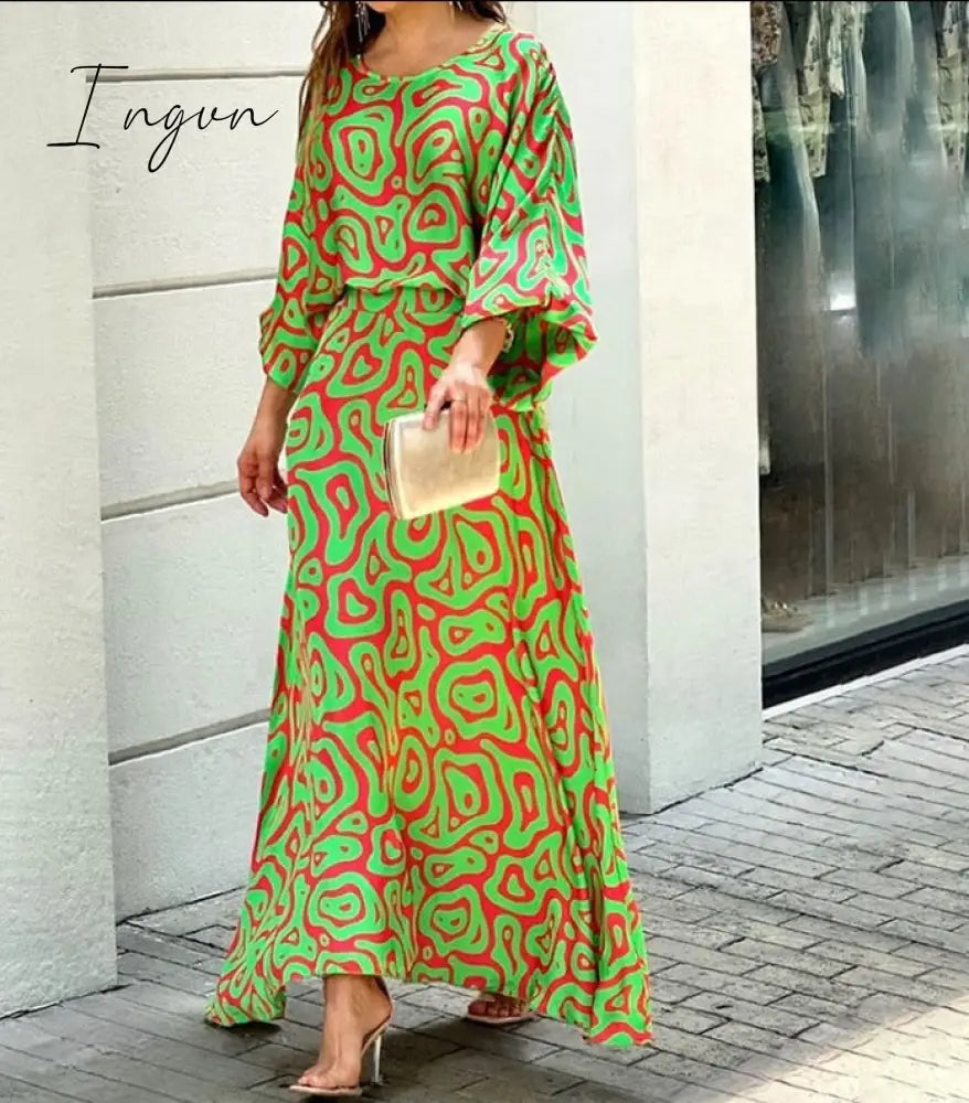Ingvn - Women Two Piece Set Crew Neck Print Long Lantern Sleeve Top Elegant Dress High Streetwear