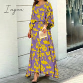 Ingvn - Women Two Piece Set Crew Neck Print Long Lantern Sleeve Top Elegant Dress High Streetwear