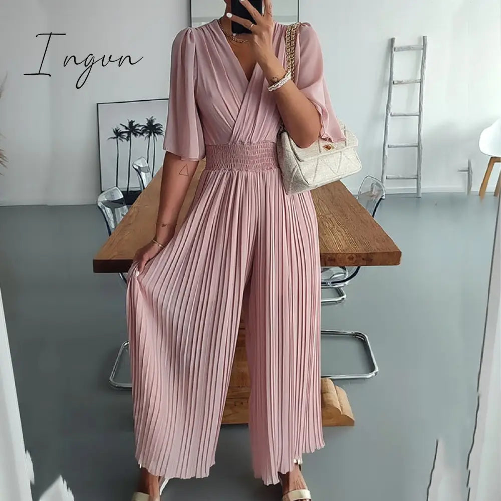 Ingvn - Women V Neck Short Sleeve Office Romper Elegant Casual Solid Color Long Jumpsuits Fashion