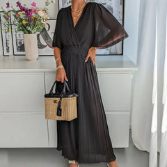 Ingvn - Women V Neck Short Sleeve Office Romper Elegant Casual Solid Color Long Jumpsuits Fashion