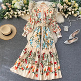 Ingvn - Women Vintage Print Dress Autumn Stand Collar Button Puff Sleeve Long Robe Fashion Chic