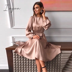 Ingvn - Women Vintage Sashes Satin A - Line Dress Lantern Sleeve O Neck Solid Elegant Casual Party