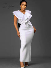 Ingvn - Women White Long Dress V Neck Ruffles Sexy Party Celebrate Bodycon Event Occasion Vestidos