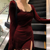 Ingvn - Women Winter Dress New Arrivals Sexy Long Sleeve Lace Split Black White Solid Party Dresses