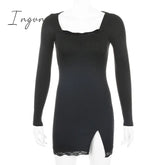 Ingvn - Women Winter Dress New Arrivals Sexy Long Sleeve Lace Split Black White Solid Party Dresses