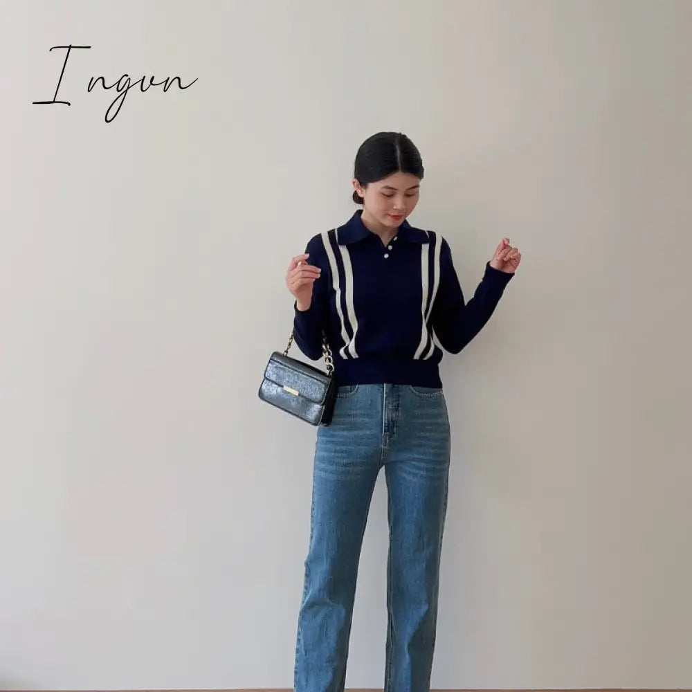 Ingvn - Women Wool Blend Navy Classic Chic Sweater 2023 Fall Winter New In