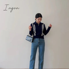 Ingvn - Women Wool Blend Navy Classic Chic Sweater 2023 Fall Winter New In