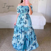 Ingvn - Women’s 2023 Butterfly Summer Dress Tube Top Short Sleeve Ruffle Hem A Line Date Night