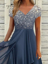 Ingvn - Women‘s A Line Dress Chiffon Midi Navy Blue Short Sleeve Color Gradient Patchwork Spring