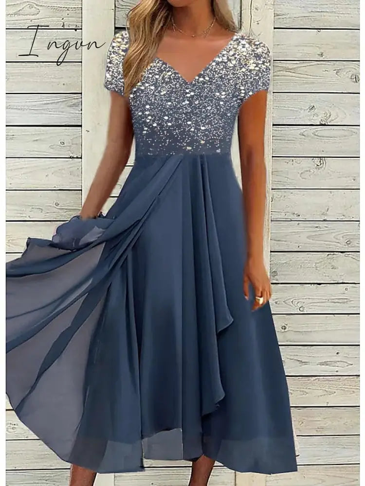 Ingvn - Women‘s A Line Dress Chiffon Midi Navy Blue Short Sleeve Color Gradient Patchwork Spring