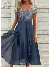 Ingvn - Women‘s A Line Dress Chiffon Midi Navy Blue Short Sleeve Color Gradient Patchwork Spring