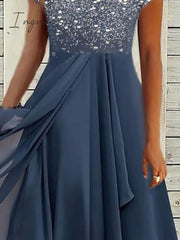 Ingvn - Women‘s A Line Dress Chiffon Midi Navy Blue Short Sleeve Color Gradient Patchwork Spring