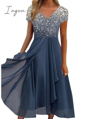 Ingvn - Women‘s A Line Dress Chiffon Midi Navy Blue Short Sleeve Color Gradient Patchwork Spring