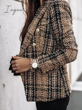 Ingvn - Women’s Blazer Tweed Plaid Long Sleeve Coat Fall Winter Business Double Breasted Regular