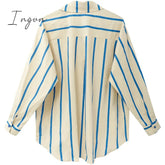 Ingvn - Women’s Blue Stripe Shirts Polo Collar Rabbit Embroidery Long Sleeves Vintage Casual