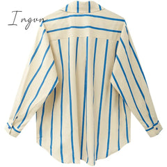 Ingvn - Women’s Blue Stripe Shirts Polo Collar Rabbit Embroidery Long Sleeves Vintage Casual