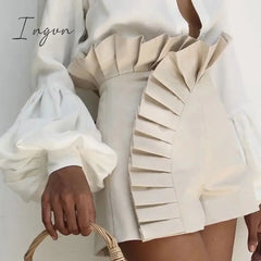 Ingvn - Women’s Bottom Ruffle Hem Shorts Pleated High Waist Solid 2023 New Fashion Pant Elegant