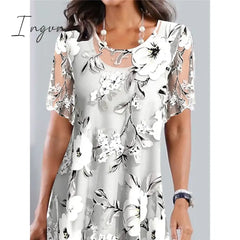 Ingvn - Women’s Casual Dress Chiffon Summer Floral Print Crew Neck Midi Fashion Streetwear
