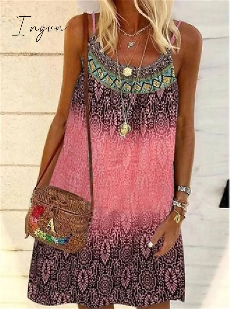 Ingvn - Women’s Casual Dress Chiffon Sundress Mini Yellow Pink Blue Sleeveless Geometric Print